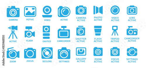 Camera active icon set for photography apps including camera photo video shutter flash tripod camcorder gallery zoom focus settings
