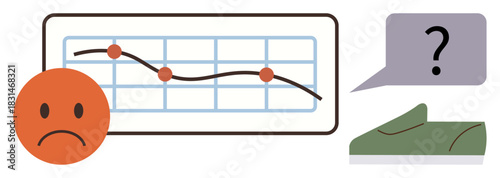 Downward-sloping chart with a sad face, green shoe, and question mark in speech bubble. Ideal for decline, confusion, business struggles, feedback, decision-making search or mystery. Simple flat