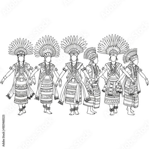 Line drawing of five people wearing traditional Hornbill Festival costumes and headdresses, standing in a row with intricate designs and patterns on their clothing against a plain white