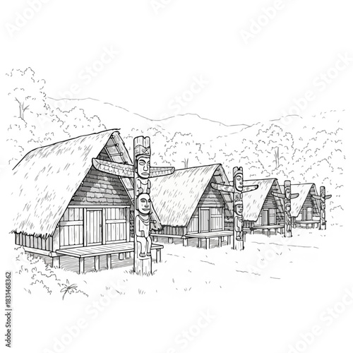 Traditional wooden houses with thatched roofs and carved totem poles at the Hornbill Festival in a serene natural setting with trees and mountains.