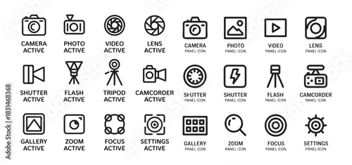 Camera active panel icon set for photography apps including camera photo video lens shutter flash tripod camcorder gallery zoom focus settings