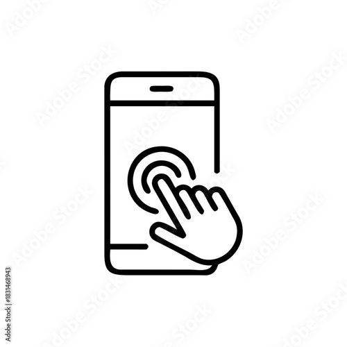 Hand touch smartphone icon in line style. Cursor finger vector illustration on white isolated background. Hand touch screen for app, web design and business concept.