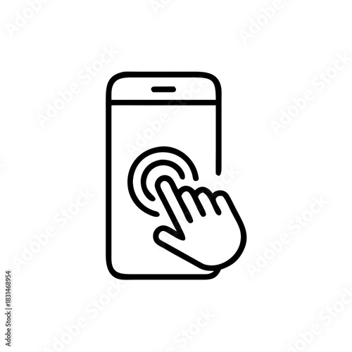 Hand touch smartphone icon in line style. Cursor finger vector illustration on white isolated background. Hand touch screen for app, web design and business concept.
