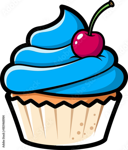 Delicious Blue Frosting Cupcake with Cherry Topping.
