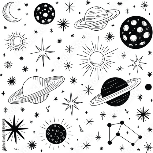Celestial doodle pattern with planets and stars Saturn