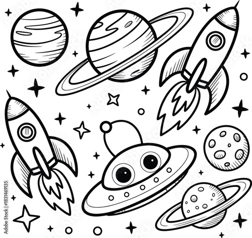 Cosmic Exploration Icons Black and White space rocket