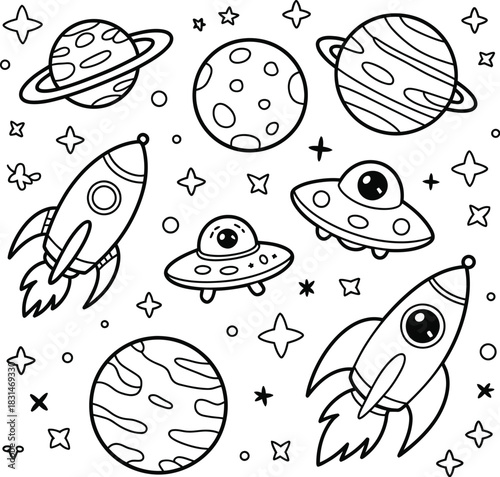 Space Doodle Pattern with Rockets and UF Os Keywords: space, rocket, UFO, planet, stars