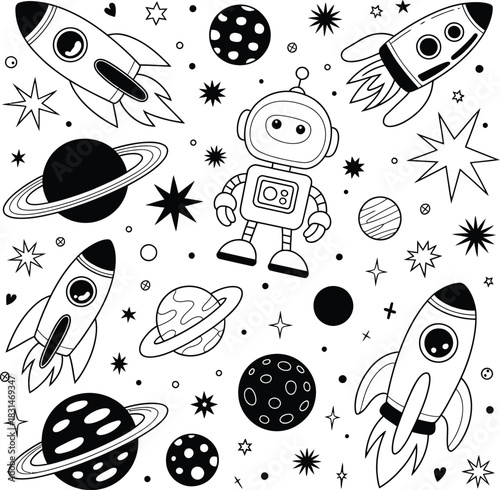 Space doodle with robot, rockets, and planets vector