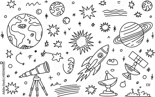 Space exploration doodle with telescope and satellites