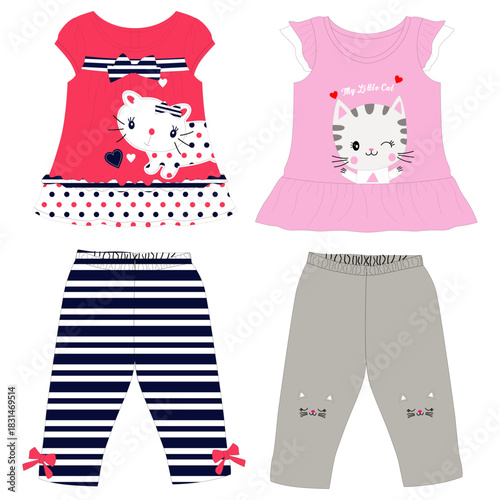 girls frocks with leggings cat print vector.