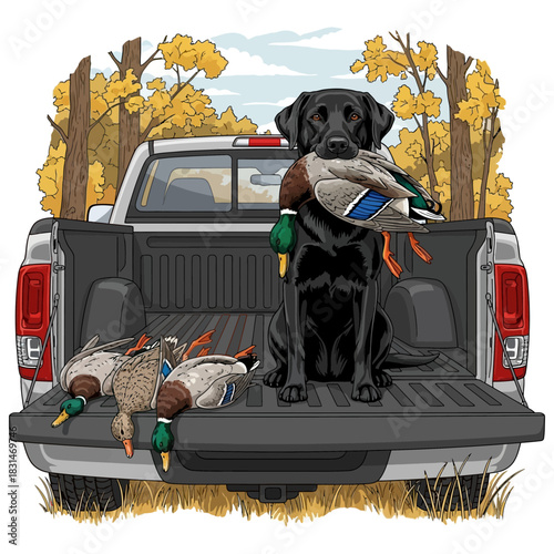 Black Labrador retriever with retrieved ducks sitting in pickup truck bed after hunt