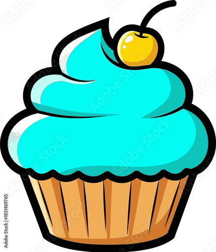 Cartoon Cupcake with Blue Frosting and Yellow Cherry Topping.