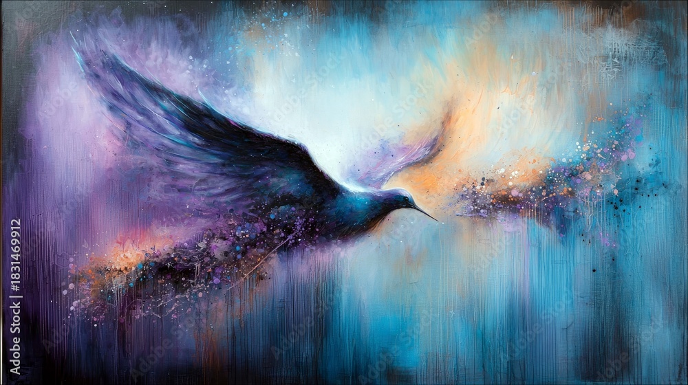 Fototapeta premium A vibrant painting of a hummingbird in flight against an abstract background with a mix of blue, purple, and orange colors.