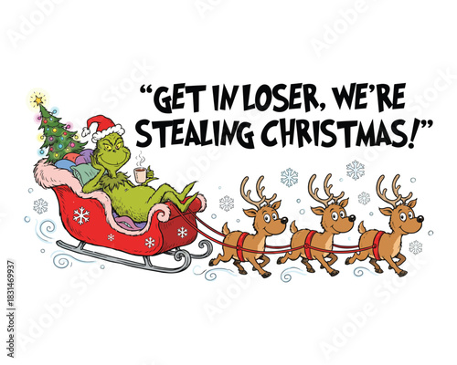 The grinch and max stealing christmas in a sleigh with reindeer