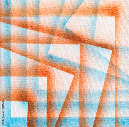 Abstract Acrylic Painting with Geometric Shapes in Blue and Oran