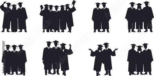 Silhouette group of graduation students celebrating academic success together in caps and gowns representing education achievement teamwork diversity unity ceremony milestone