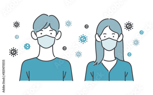 ウイルスや花粉症対策に！マスク着用の若い男女セット