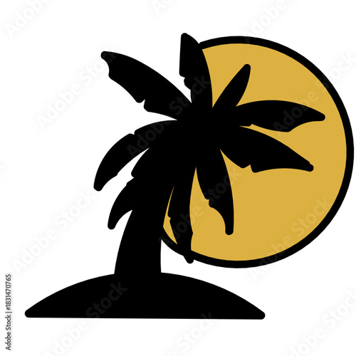 Tropical Palm Tree Silhouette Against Yellow Sun or Sunset