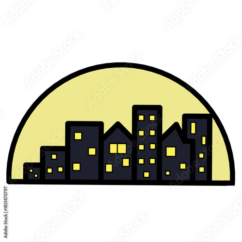 Night City Skyline Silhouette with Yellow Moon or Light