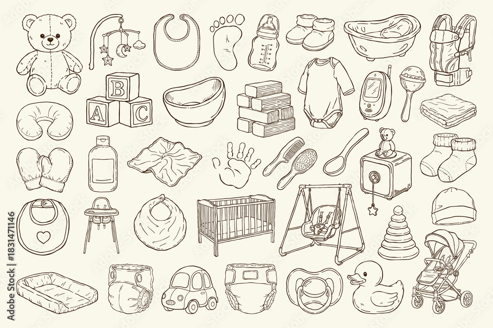 Fototapeta premium Hand Drawn Doodle Set of Baby and Nursery Care Essentials Clothing and Toys Collection