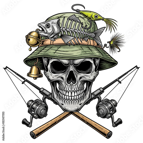 Skull wearing fishing bucket hat with crossed fishing rods in a pirate style design