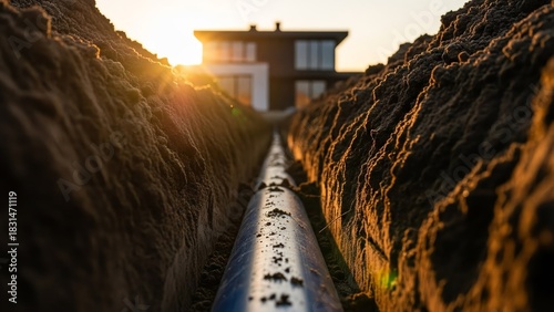 Underground Pipeline Construction for Modern Housing Development at Sunset