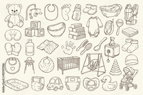 Hand Drawn Doodle Set of Baby and Nursery Care Essentials Clothing and Toys Collection
