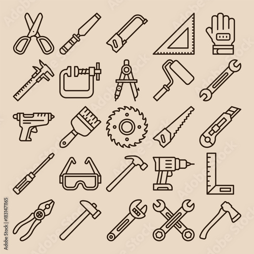 Line Icon Set of Construction, Carpentry, and DIY Hand Tools and Equipment