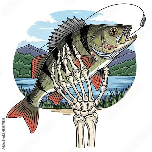 Skeleton hand holding a large European perch fish caught on a hook. Dead man fishing concept.