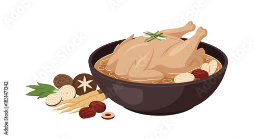 Whole chicken in broth with ginseng, jujubes, mushrooms, and herbs.