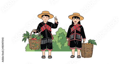 Children in traditional farmer attire holding baskets of fresh produce in a garden setting.