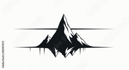 Minimalist black and white vector graphic silhouette of sharp mountain range peaks with reflection effect