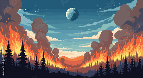 Pixel art landscape of a forest fire raging under a full moon and starry sky.