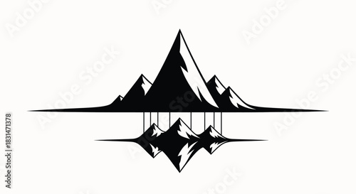 Minimalist black and white graphic design of sharp mountain peaks reflected symmetrically below