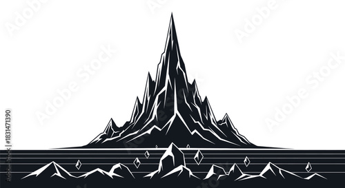 Striking black and white vector illustration of a dramatic, sharp, jagged mountain range silhouette