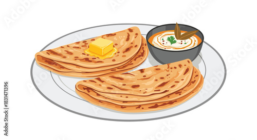 Plate of parathas with butter and a bowl of curry or dip.