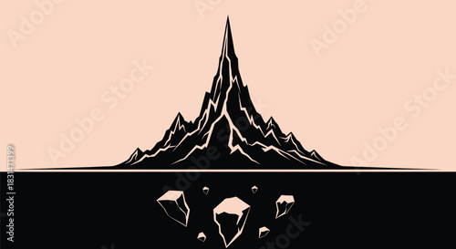 Stylized vector illustration of a sharp, jagged mountain range silhouette emerging from a dark ground with floating rock fragments below