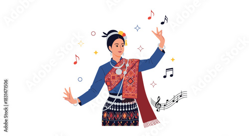 Woman in traditional clothing dancing with musical notes and sparkles around her.