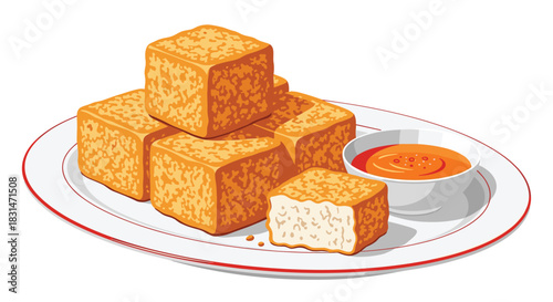 Plate of golden brown fried tofu cubes with a small bowl of dipping sauce.