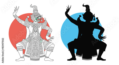 A detailed line art illustration of a warrior figure with green face and elaborate costume, next to its black silhouette against a blue circle.
