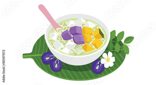 Bowl of sweet green dessert with taro, pumpkin and tapioca pearls, served on a banana leaf with flowers.