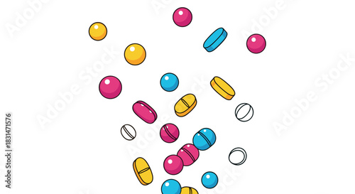 A collection of colorful pills and capsules falling against a white background.