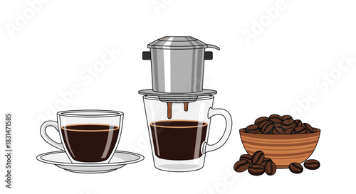Illustration of Vietnamese coffee preparation with coffee beans and brewed coffee.