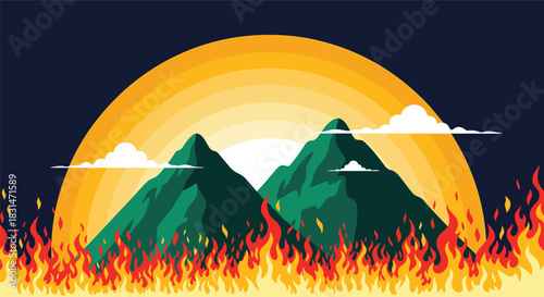 Forest fire rages in front of mountains with a sunset behind them.