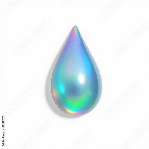 Iridescent Water Drop with Holographic Effect on White Background.