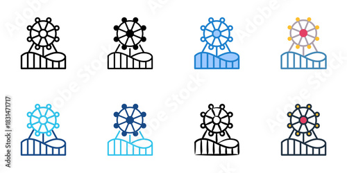 Theme park icon set multiple style vector collection. Editable Stroke 
