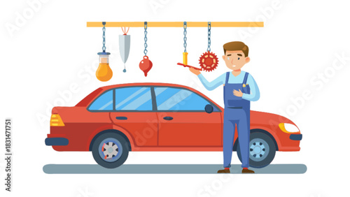 Automotive repair shop mechanic inspects car parts for maintenance and service in cartoon vector illustration