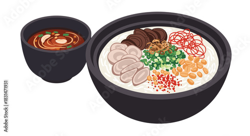 A top down view of a bowl of rice porridge with various toppings and a side of dipping sauce.