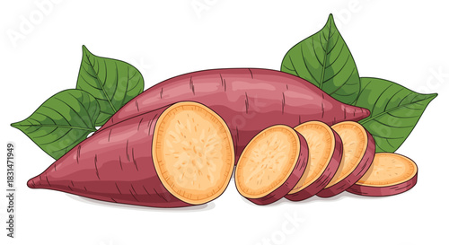 Whole and sliced sweet potatoes with green leaves on a white background.