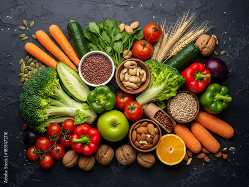 A bountiful and diverse collection of fresh, wholesome ingredients including vibrant vegetables, ripe fruits, protein-rich nuts, and fiber-packed seeds, ideal for promoting a healthy and balanced diet